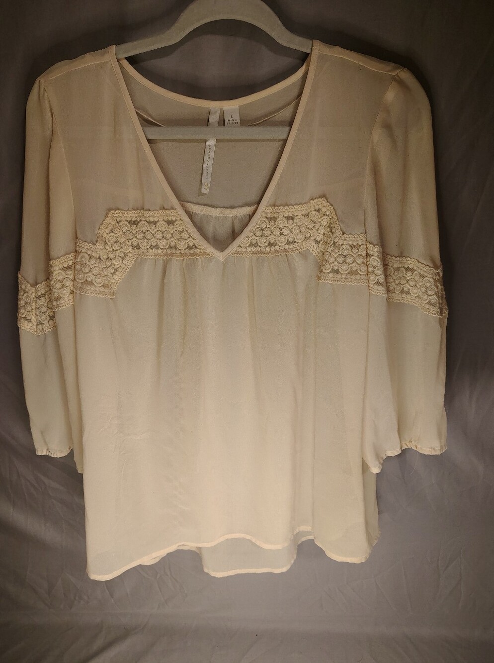 LC Lauren Conrad Cream Lace Trim Boho Peasant Blouse Fairy Sheer Lace Size L